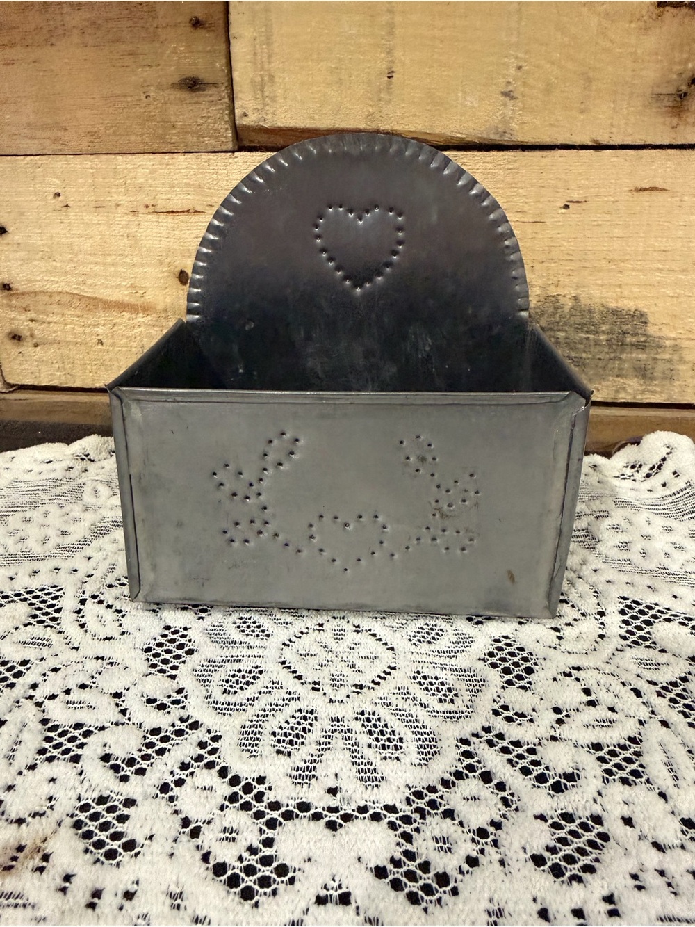 Tin Punched Heart Box - Rustic Metal Organizer